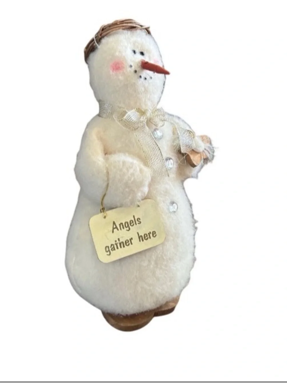 Standing Plush Snowman 13” Wood Base “Angels Gather Here” Vintage Home Decor